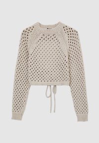 Maglione in cotone a maniche lunghe color beige con scollo rotondo e motivo a maglia aperta, con cordino al fondo corto.