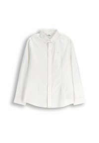 Biała bawełniana koszula na guziki. Posiada kołnierzyk, długie rękawy oraz subtelne haftowane logo na piersi. Gładka tekstura, klasyczny design.
