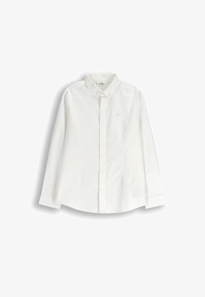 Biała bawełniana koszula na guziki. Posiada kołnierzyk, długie rękawy oraz subtelne haftowane logo na piersi. Gładka tekstura, klasyczny design.