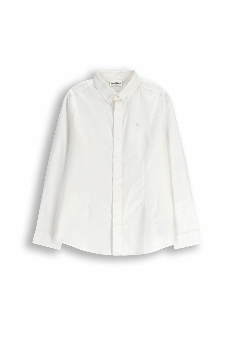 Biała bawełniana koszula na guziki. Posiada kołnierzyk, długie rękawy oraz subtelne haftowane logo na piersi. Gładka tekstura, klasyczny design.