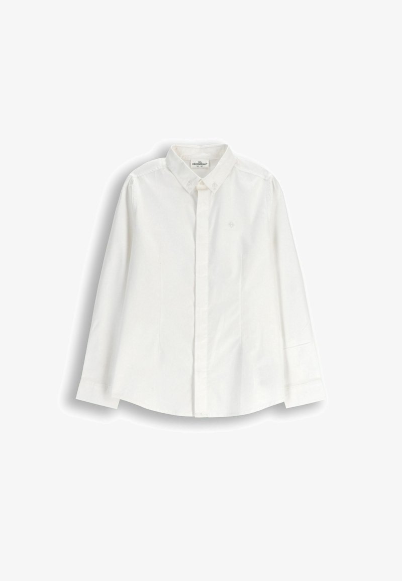 Biała bawełniana koszula na guziki. Posiada kołnierzyk, długie rękawy oraz subtelne haftowane logo na piersi. Gładka tekstura, klasyczny design.