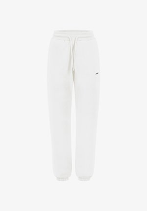 Pantalones de chándal blancos hechos de una tela suave, con una cintura elástica y cordón ajustable, y puños acanalados en los tobillos. Detalle sutil del logo.