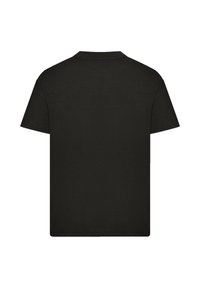 Black cotton t-shirt, crew neck, short sleeves, simple design with a smooth texture, no visible logos or patterns. Plain back view.