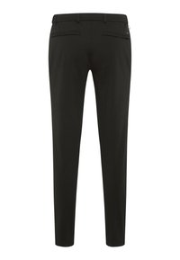 Pantaloni neri in tessuto liscio, dal design aderente, con due tasche posteriori e chiusura con zip. Stile semplice e funzionale.