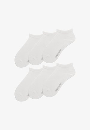 Six pairs of white low-cut ankle socks arranged in two rows on a white background, showing slight gray brand text on the side.