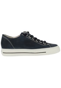 Navy leather sneaker with rounded toe, white rubber sole, black laces, and silver eyelets; features contrast stitching and minimalist design.