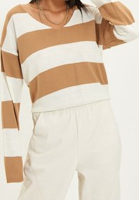 Tan en witte gestreepte gebreide trui met een V-hals en lange mouwen, gecombineerd met crèmekleurige broeken. Zachte textuur en ontspannen pasvorm.