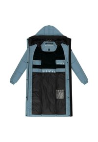 Svijetloplava podstava kaput s crnom unutrašnjošću. Ima podesivu kapu, džepove s patentnim zatvaračem i utisnutu marku. Glatka tekstura i kopče na dugmad.