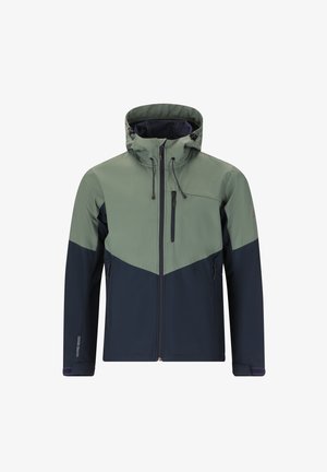 Waterdichte jas in olijfgroen en marineblauw met een ritsborstzak, verstelbare capuchon en elastische manchetten. Kenmerkt zich door een kleurblokontwerp.