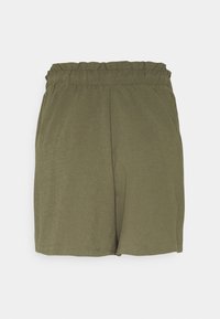 Short ample vert olive avec une taille élastique froncée et un ourlet simple, présenté à plat sur fond blanc.
