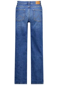 Siniset farkut ovat suoran lahkeen muotoilulla, niissä on kaksi takataskua, joissa on yksityiskohtainen ompelumalli, ja takavyötäröllä on merkkikohtainen nahkapatchi.