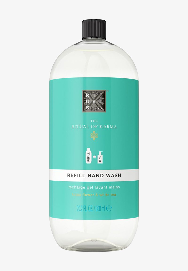 Bottiglia di plastica trasparente con ricarica di sapone per le mani, etichetta turchese con accenti bianchi, 20,2 fl oz, con profumo di fiore di loto e tè bianco.