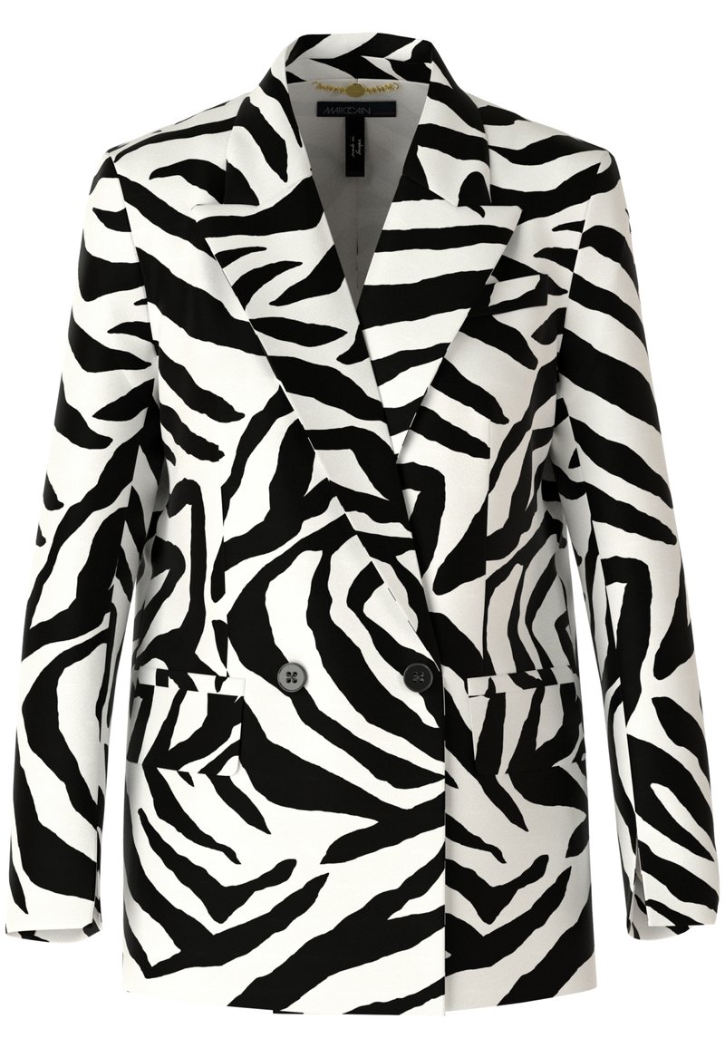 Zwart-witte zebraprint dubbele blazer met brede revers en twee voorzakken, gepresenteerd tegen een witte achtergrond.