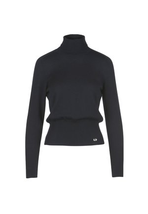 Tamsiai mėlynas golfas su prigludusia siluetu, su raštuotu audiniu ir subtiliu logotipo elementu apatinėje dalyje. Ilgos rankovės ir elastinga medžiaga.