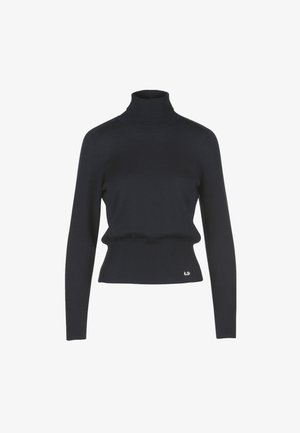 Tamsiai mėlynas golfas su prigludusia siluetu, su raštuotu audiniu ir subtiliu logotipo elementu apatinėje dalyje. Ilgos rankovės ir elastinga medžiaga.