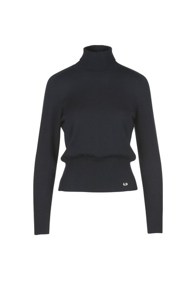 Marineblauer Rollkragenpullover mit figurnaher Passform, gerippter Textur und einem dezenten Logo-Detail am Saum. Lange Ärmel und elastisches Material.