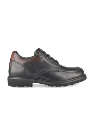 Schwarzer Herrenschnürschuh aus Leder mit braun gepolstertem Kragen und dicker Gummisohle, Seitenansicht vor weißem Hintergrund.