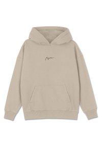 Μπεζ φούτερ φτιαγμένο από μαλακό υλικό, με μπροστινή τσέπη, ριμπ μανίκια και κουκούλα με κορδόνι. Μινιμαλιστικό λογότυπο σε σκούρο χρώμα.