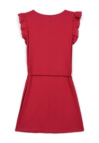 Abito rosso con maniche arricciate, una texture liscia e una vita aderente con una gonna fluente. La vista posteriore mette in mostra un design semplice e cuciture.