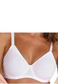 Balts krūšturis ar gludu, teksturētu rakstu un mīkstām trīsstūra kausiņām. Aprīkots ar regulējamiem siksniņām un bezšuvju dizainu, lai nodrošinātu komfortu.