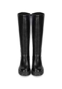 Black leather knee-high boots with a smooth texture, chunky sole, and a full-length zipper on the back for easy wear.