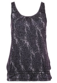 Ärmlös topp i mörkgrå med ett geometriskt mönster. Har en rundad halsringning och samlad detalj vid midjan för en avslappnad passform.