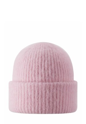 Soft pink knitted beanie made of wool, featuring a ribbed texture and a folded hem at the base. Round, seamless crown design.
