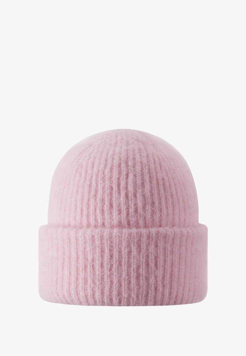 Soft pink knitted beanie made of wool, featuring a ribbed texture and a folded hem at the base. Round, seamless crown design.