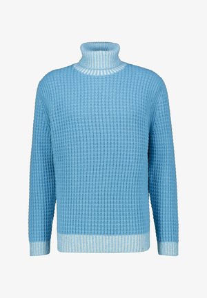 Pull en maille bleu clair avec col roulé et poignets côtelés. Motif texturé sur toute la surface, ourlet et encolure rayés plus clairs en contraste.