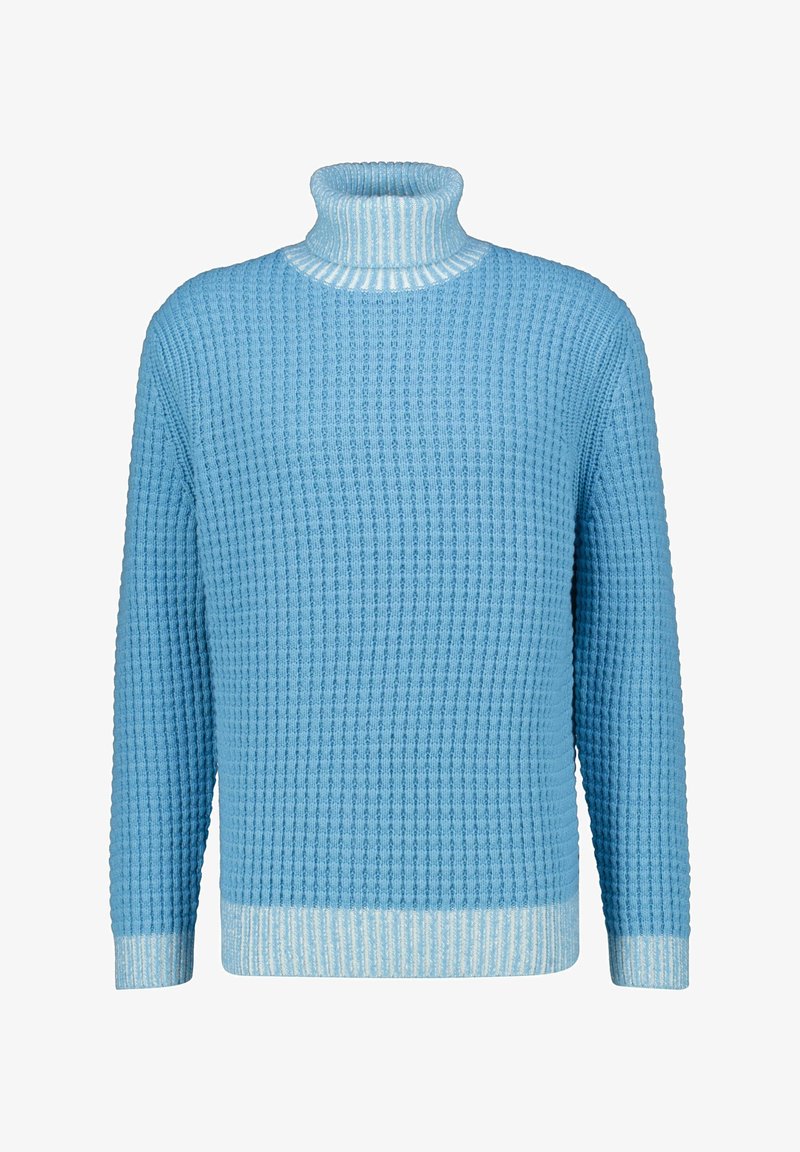 Pull en maille bleu clair avec col roulé et poignets côtelés. Motif texturé sur toute la surface, ourlet et encolure rayés plus clairs en contraste.