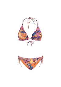 Virágmintás bikini szett narancssárga, lila és kék színekben. A felső rész fodros szélekkel és megkötős záródással rendelkezik, az alsó rész oldalán megkötős.
