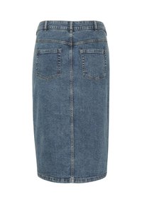 Jeansrok met een rechte, knielange snit. Beschikt over een blauwe wassing, twee achterzakken en zichtbare stiksels langs de zoom en naden.