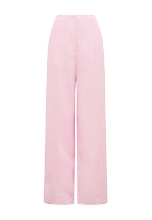 Vysoký pás, široké nohavice z jemnej ružovej látky s hladkým predným dielom a skrytým zapínaním.