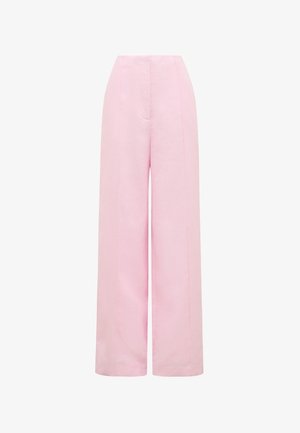 Vysoký pás, široké nohavice z jemnej ružovej látky s hladkým predným dielom a skrytým zapínaním.