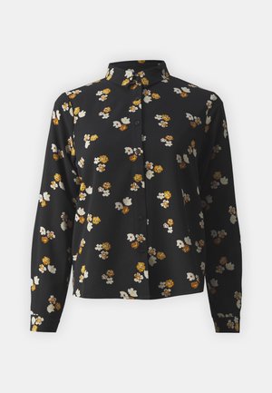 Schwarzes Button-Up-Hemd mit floralem Muster in Weiß, Gelb und Orange. Lange Ärmel mit einem normalen Kragen und einer lockeren Passform.