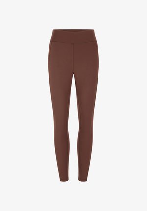 Leggings marroni a vita alta in tessuto liscio, con dettaglio della cucitura frontale e lunghezza alla caviglia per un uso attivo o casual.