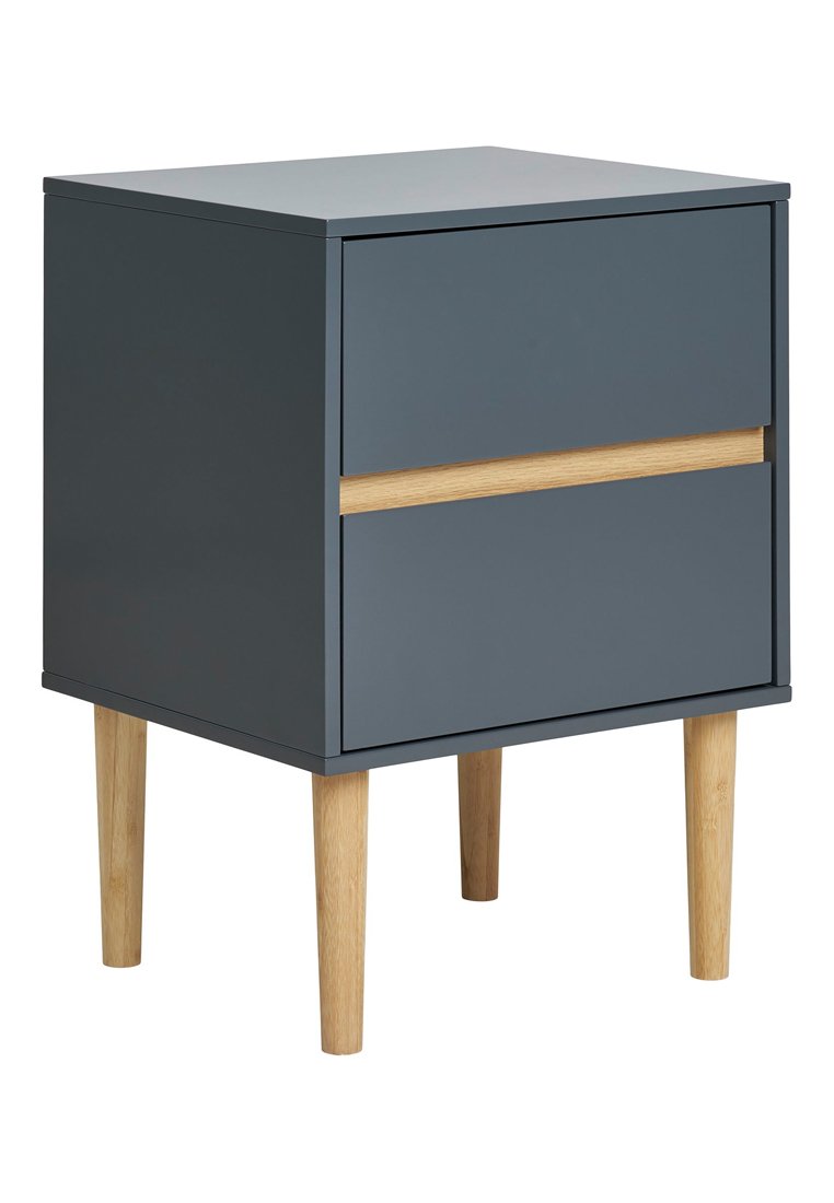 Comodino con due cassetti blu e maniglie in legno chiaro, sostenuto da quattro gambe coniche in legno chiaro.