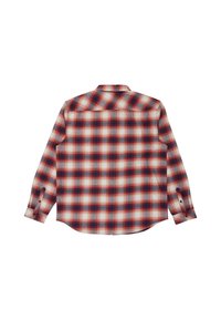 Camicia a maniche lunghe a quadri rossi, blu e bianchi con polsini abbottonati, colletto e orlo curvo; il tessuto sembra morbido e strutturato.