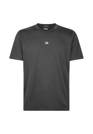 T-shirt nera a maniche corte in cotone con piccolo logo bianco "C.P. Company" posizionato al centro del petto.