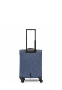 Valigia a mano in tessuto blu con manico retrattile, quattro ruote nere e finitura testurizzata. Dotata di un manico superiore e design compatto.