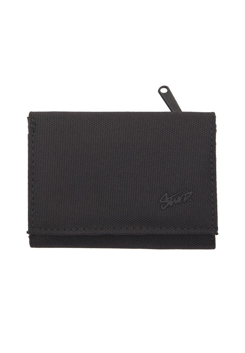 Black fabric wallet with visible flap, zipper pull tab, and small embossed logo on the front right corner.
