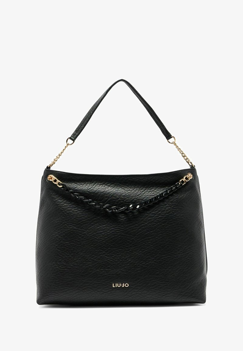 Black leather handbag with textured surface, featuring a gold chain accent and a braided black strap. Logo printed in gold at the bottom.