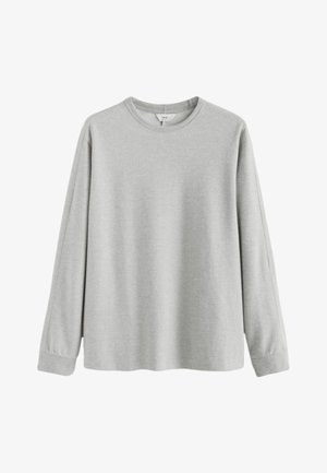 Lysegrå langærmet crew neck termo skjorte med ribbet tekstur og manchetter, vist på en hvid baggrund.