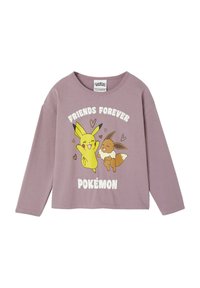 Hellblau-langes Crop-Top mit langen Ärmeln, das einen Grafikdruck von Pikachu und Eevee mit dem Text "Freunde für immer Pokémon" darunter zeigt.