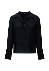 Camisa negra de manga larga con cuello, con una tapeta abotonada y tejido texturizado. Presenta puños anchos y un ajuste relajado.