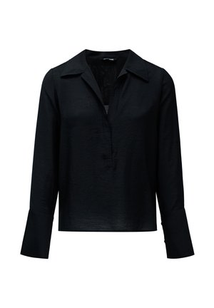 Camisa negra de manga larga con cuello, con una tapeta abotonada y tejido texturizado. Presenta puños anchos y un ajuste relajado.