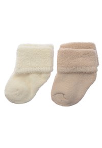 Socken aus Baumwollmischung in Creme und Hellbeige, mit einem weichen, strukturierten Bündchen und einem gerippten Körper mit einem runden Zehenbereich.