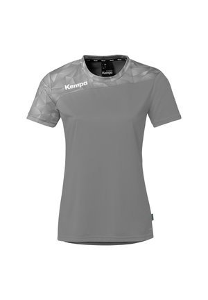 Dames sportshirt met korte mouwen, bovenste borst- en schoudergedeelte met een geometrisch patroon, logo op de linker schouder en een effen onderste gedeelte.