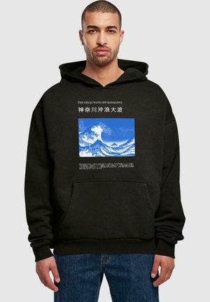 Black hoodie featuring a blue graphic of "The Great Wave off Kanagawa" with white text above and below. Cotton material with a front pocket.