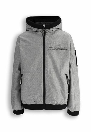 Szara, kapturowa kurtka wykonana z teksturowanej tkaniny. Posiada pełny zamek błyskawiczny, ściągacze na rękawach oraz nadrukowane hasło na klatce piersiowej i kieszeni.